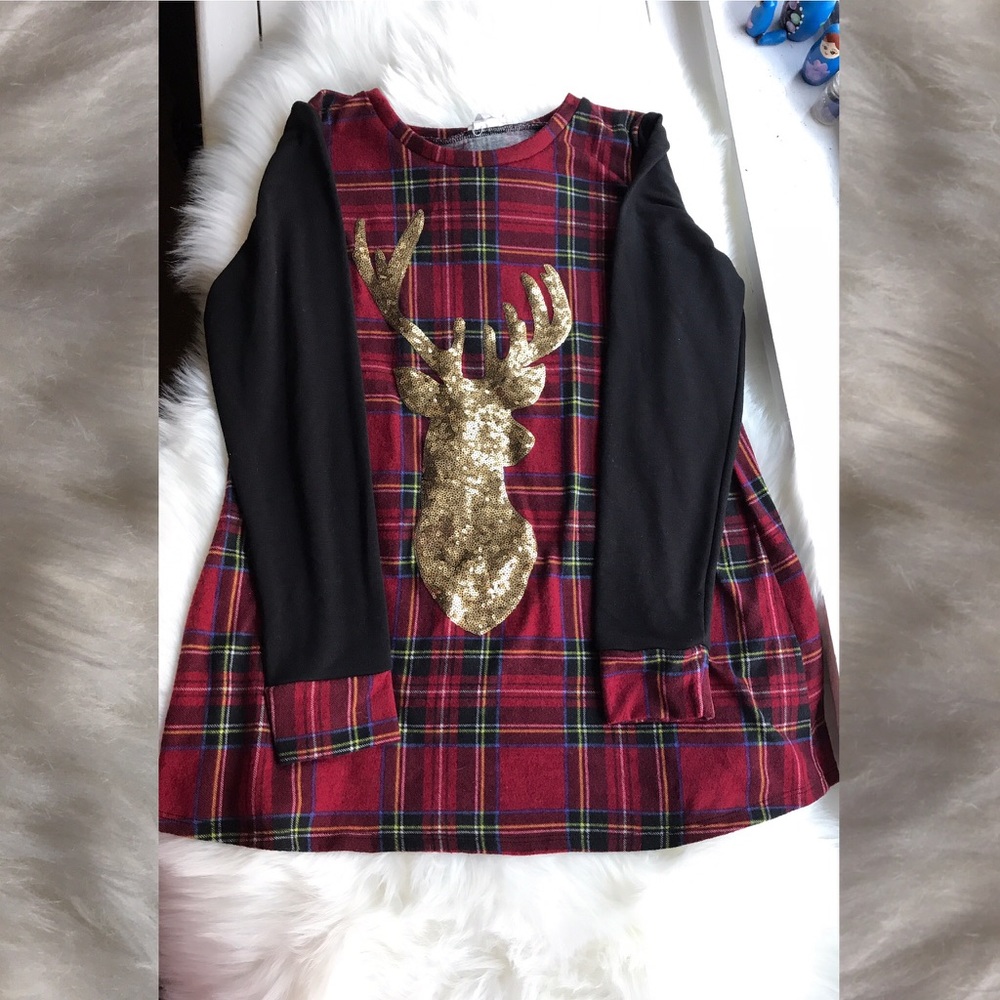 Plaid, red and gold, dear, sweater